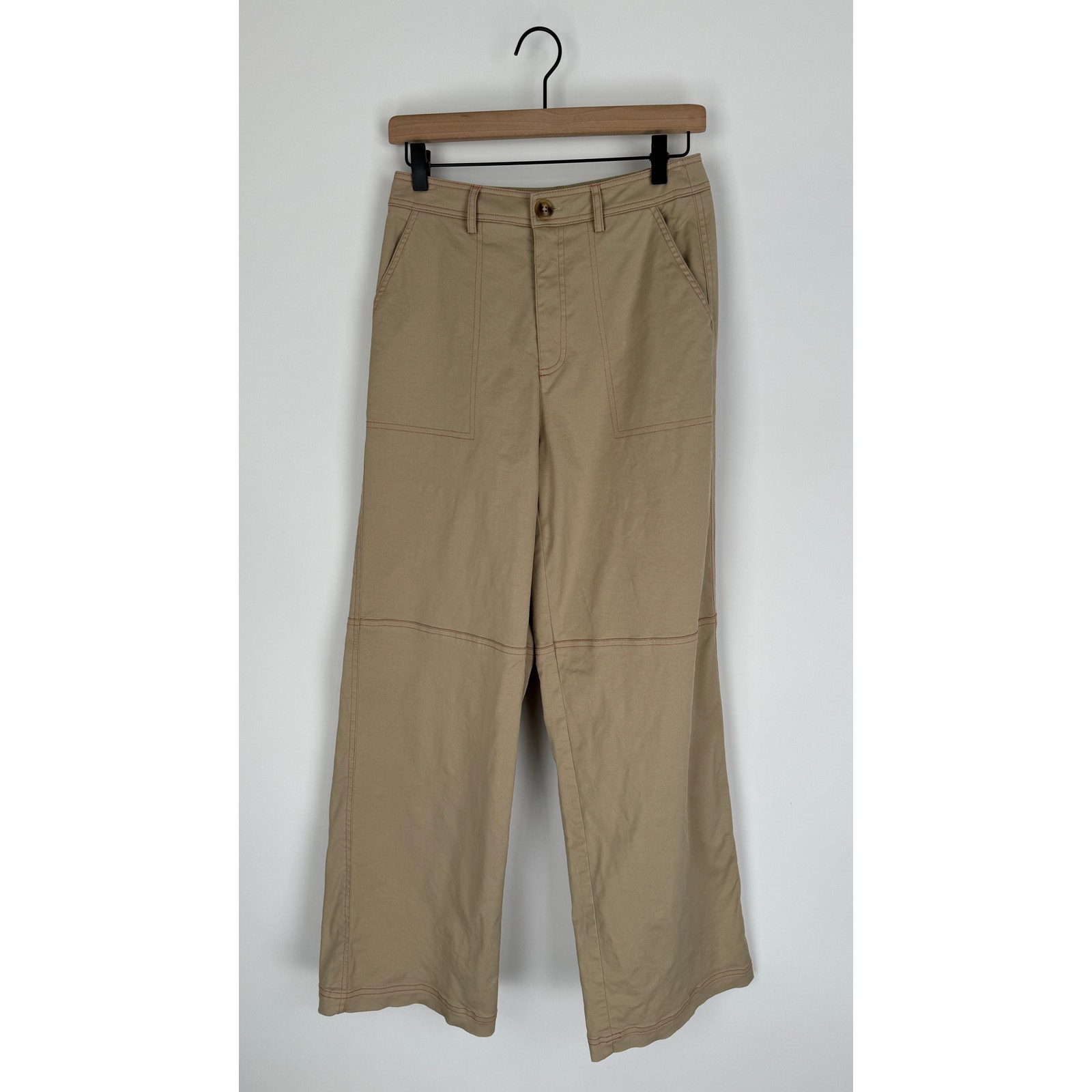 Urban Revivo Khaki High Rise Straight Leg Pants Womens Size 4 New Red Stitching — image 4 of 8